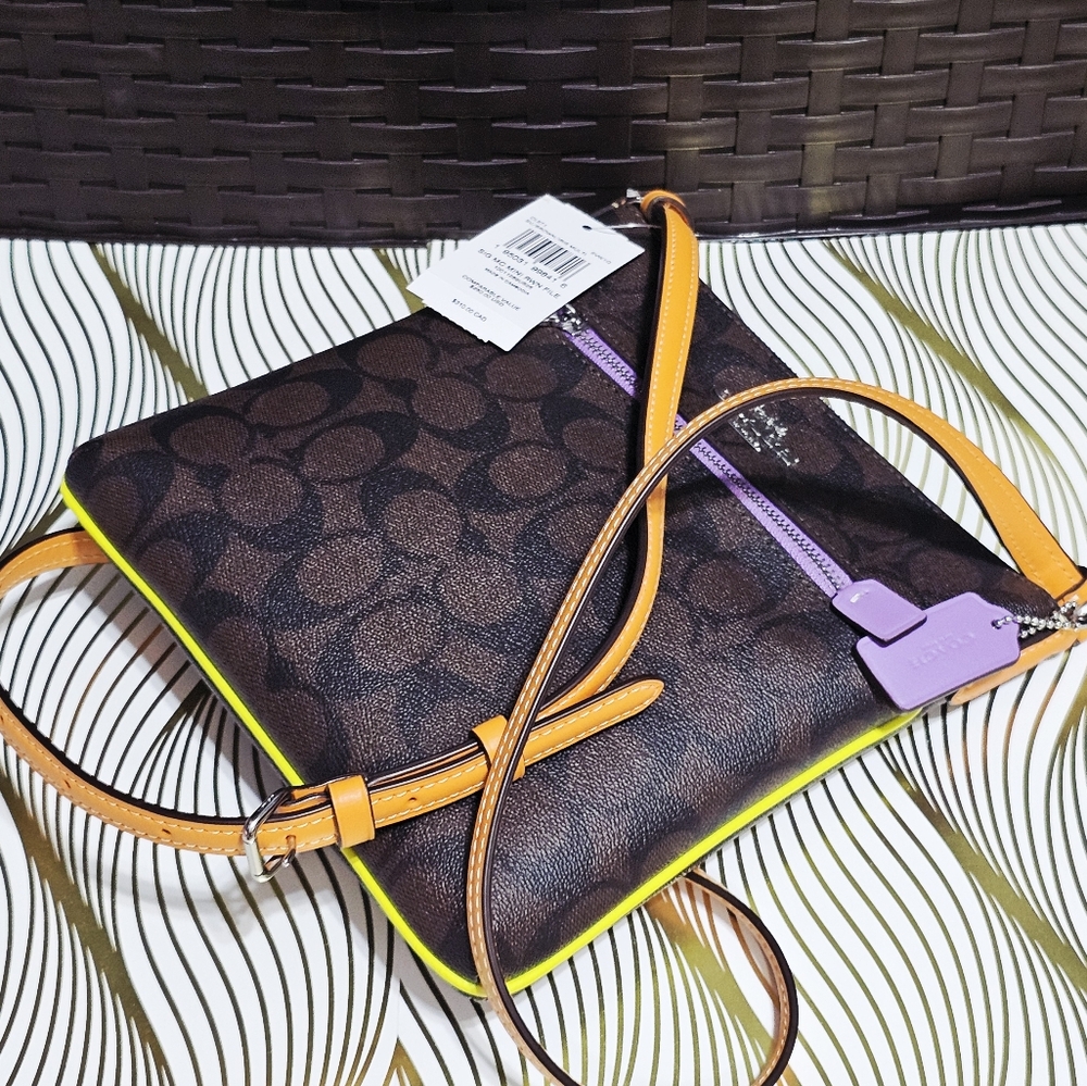 Coach CL671 Mini Rowan File Bag Sig C Brown Purple Orange Yellow Neon NEW - Picture 5 of 16